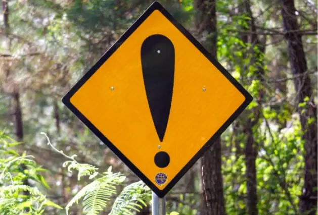 Tree Risk Assessments - Zazueta Tree Specialists - Zazueta Tree Specialists Yellow diamond-shaped warning sign with a black exclamation mark surrounded by green trees and foliage.