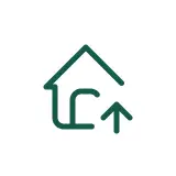 Green line-art icon of a house outline with an upward-pointing arrow inside a white circle.