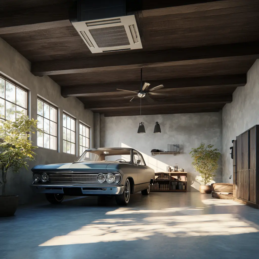 A typical american garage, with air conditioning installation to maintain it cool for residents