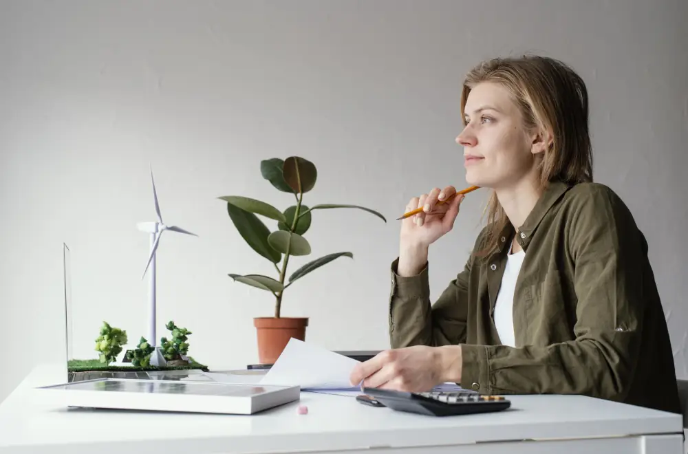 Understanding the Impact of Climate on AC Repairs and Costs - Woman sitting at a desk surounded by desk plants and a small scale electric windmill.