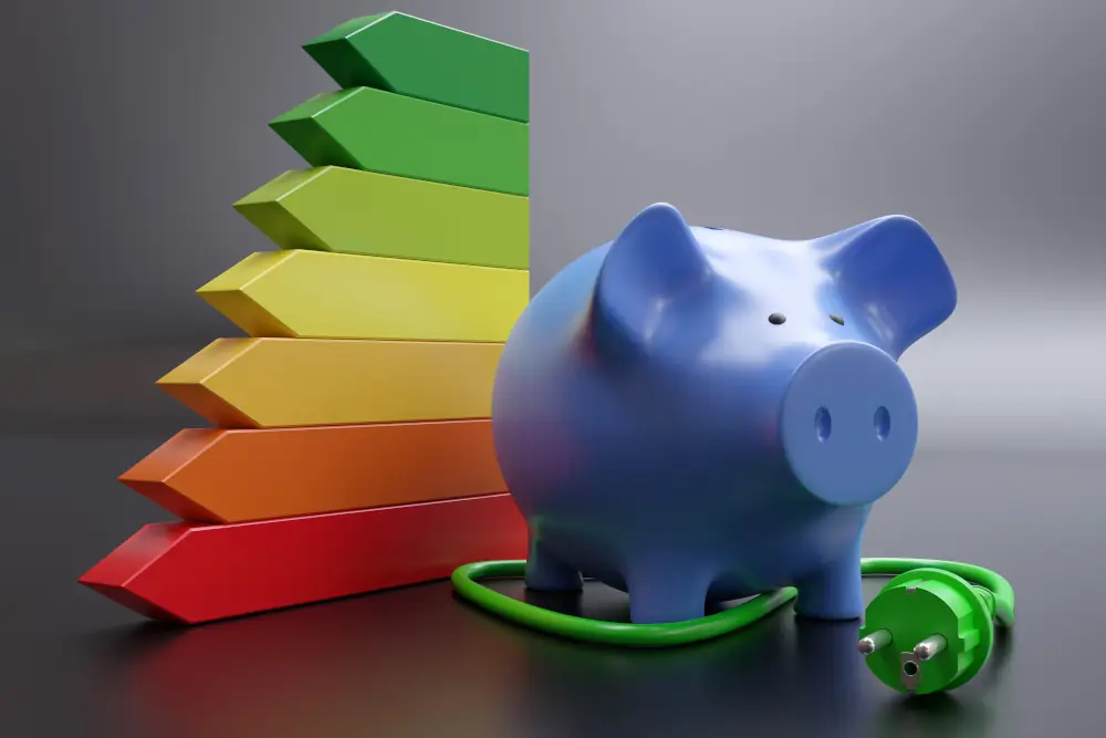 Harnessing Power Wisely: Investing in Energy-Efficiency for Lower Bills and Healthier Air - Piggy bank with extension cord wrapped around its feet.