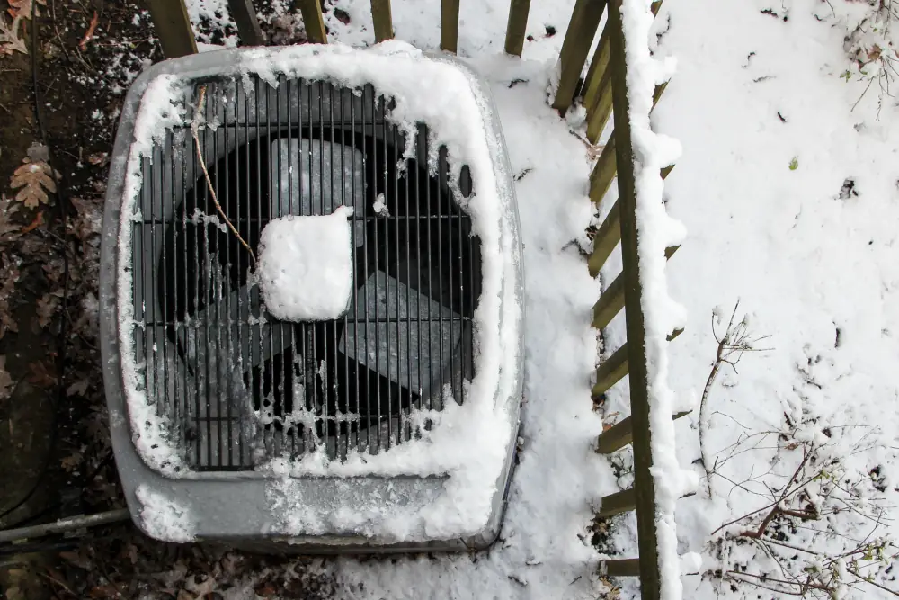 Winterizing Home Heating System - Overhead view of a snow covered central air conditioner after a snow storm.