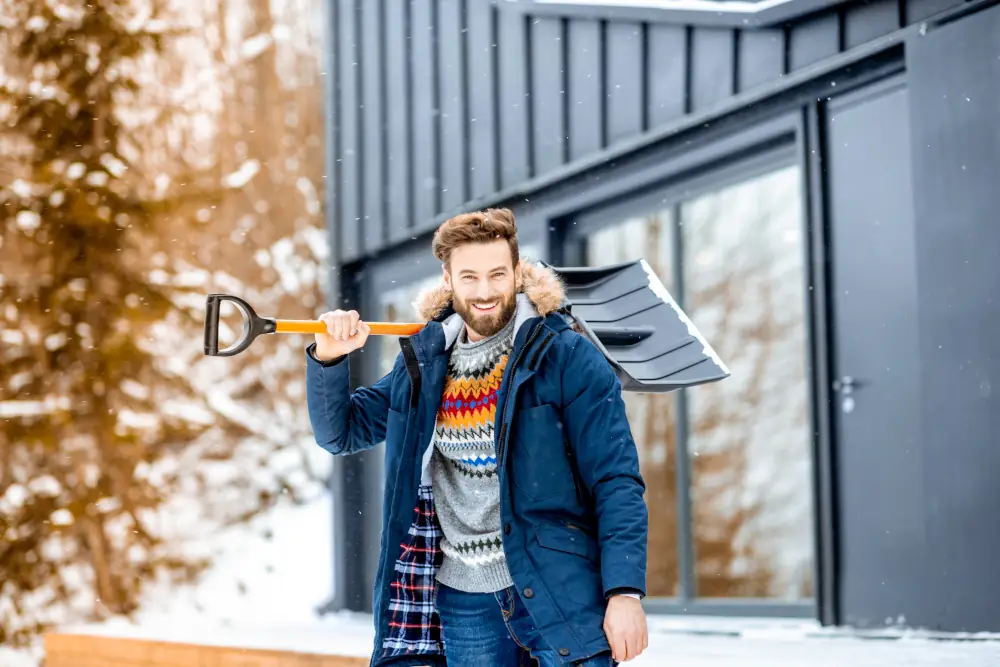 Preparing Your Home and HVAC System for Texas Snow in 2023 - Man with a snow shovel near a house