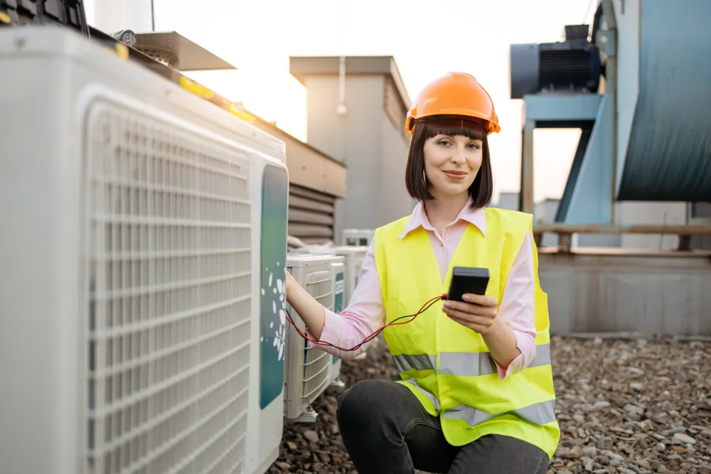 Woman holding multimeter and kneeling near air conditioner