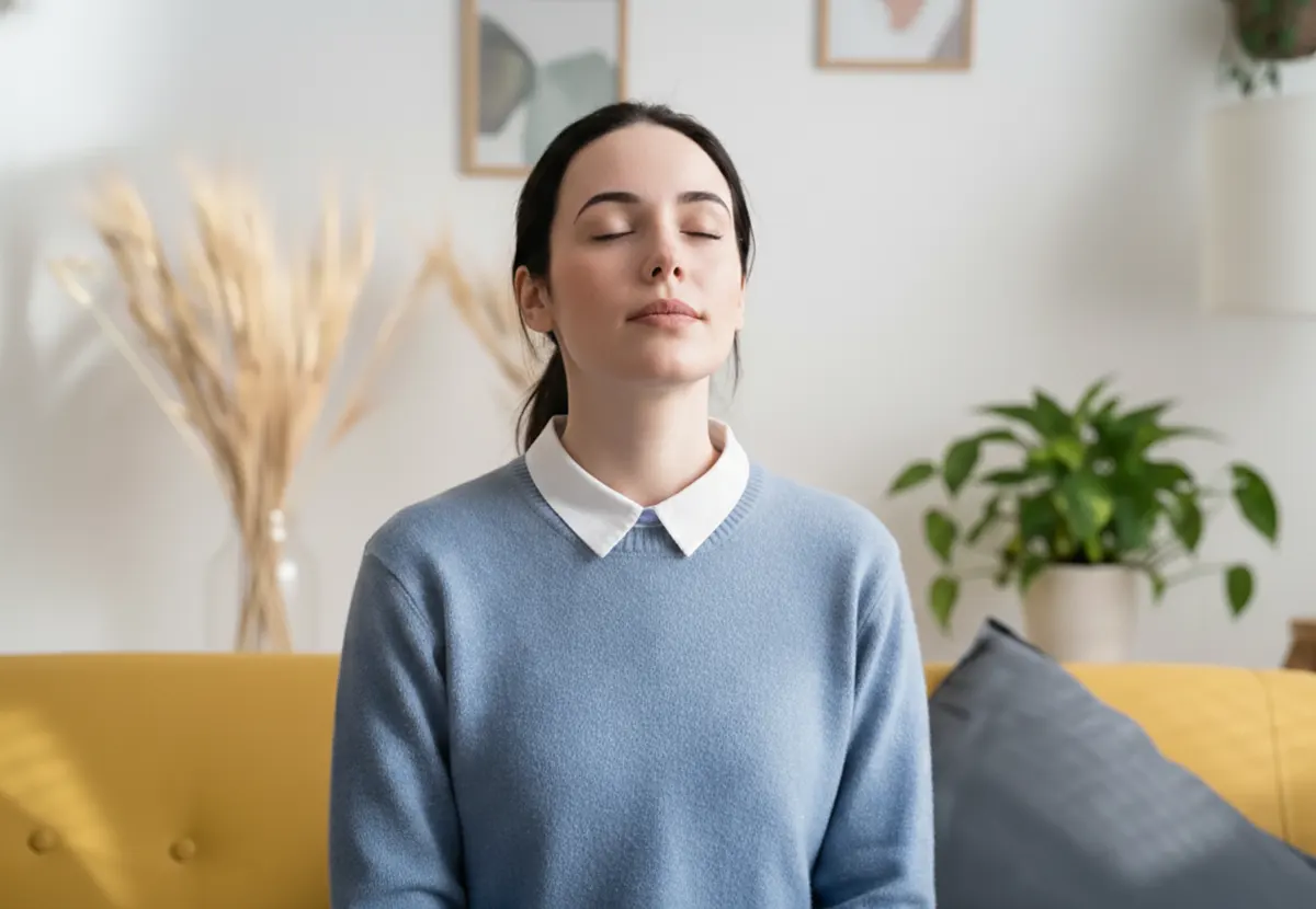 Happy relaxed woman breathing deep