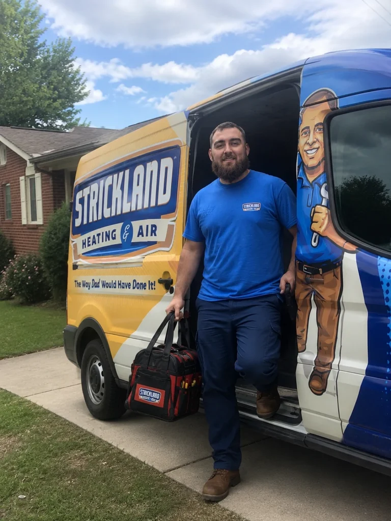 Strickland technician getting off the van