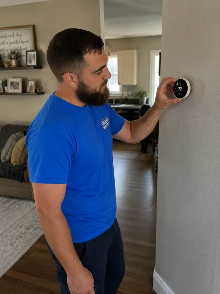 Strickland worker adjusting smart thermostat