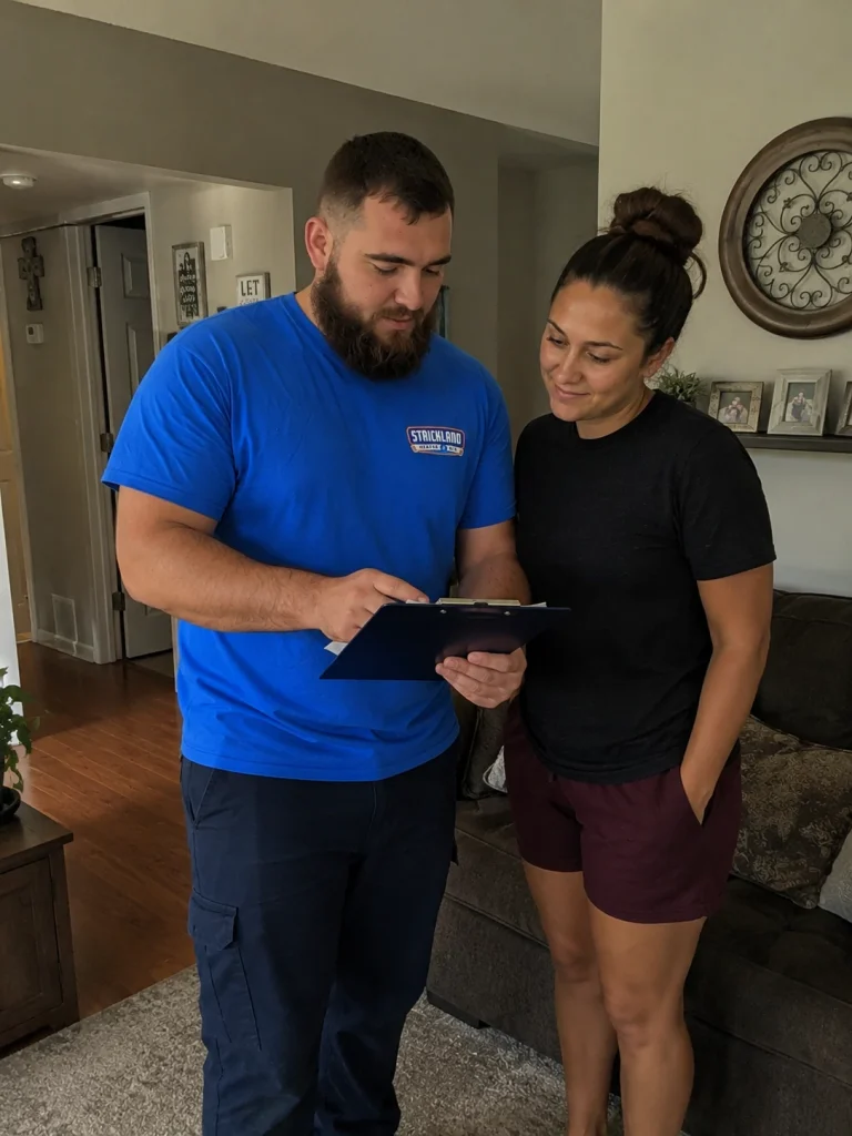 Strickland worker and a client looking at a clipboard