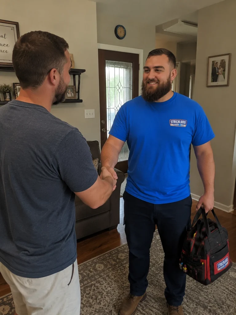 Strickland worker handshaking with a client