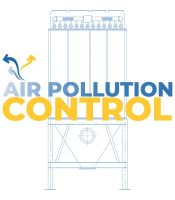 Logo illustrating an air pollution control tower with blue 'AIR POLLUTION' and yellow 'CONTROL' text and airflow arrows above, in a blueprint style.