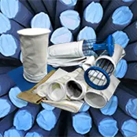 Collection of HVAC air filters and components (filters, duct tape, gaskets) arranged on a blue abstract background.
