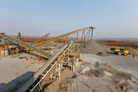 Industrial photography Crushed stone conveyor for dump trucks in a quarry