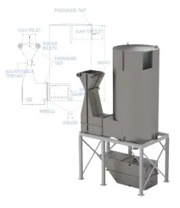 Venturi-Wet-Scrubber-CS | Sly Air Pollution Control Vertical industrial storage tank on a metal frame with a blue printed schematic overlay labeling gas inlet/outlet, water inlet, pressure tap, drain, and other components.
