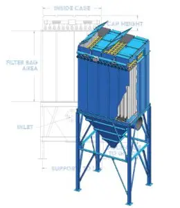 Rectangular-Baghouse-CS | Sly Air Pollution Control Blue baghouse filter assembly on a steel frame, with angled top housings and visible filter bags inside; overlaid technical blueprint lines indicate dimensions like inlet, filter bag area, and inside case.