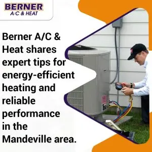 A technician from Berner A/C & Heat performing maintenance on an outdoor HVAC unit in Mandeville.