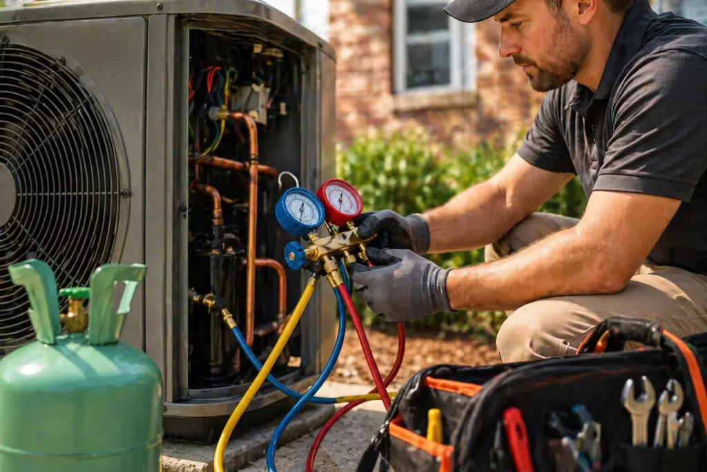 HVAC technician performing AC repair and refrigerant level check in Mandeville LA