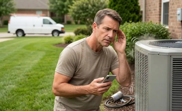 A man in a green t-shirt stands outside beside a large residential air conditioner condensing unit, listening intently and cupping his ear to detect noise. He is holding a smartphone and appears concerned. In the background, there is a green lawn, a brick house, and a white service van, suggesting an upcoming or current HVAC repair call.