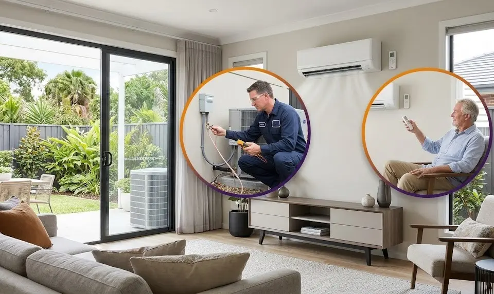 Graphic showing a modern living room with a wall-mounted indoor air handler, featuring two circular inset graphics: one of an HVAC technician installing an outdoor condenser unit, and another of a homeowner comfortably using a remote control.