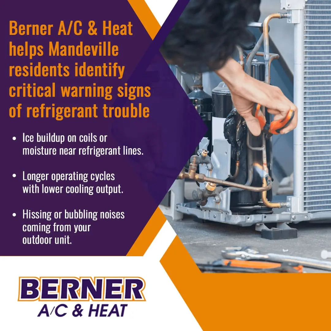 HVAC technician inspecting outdoor AC unit for refrigerant issues including ice buildup and leaks in Mandeville