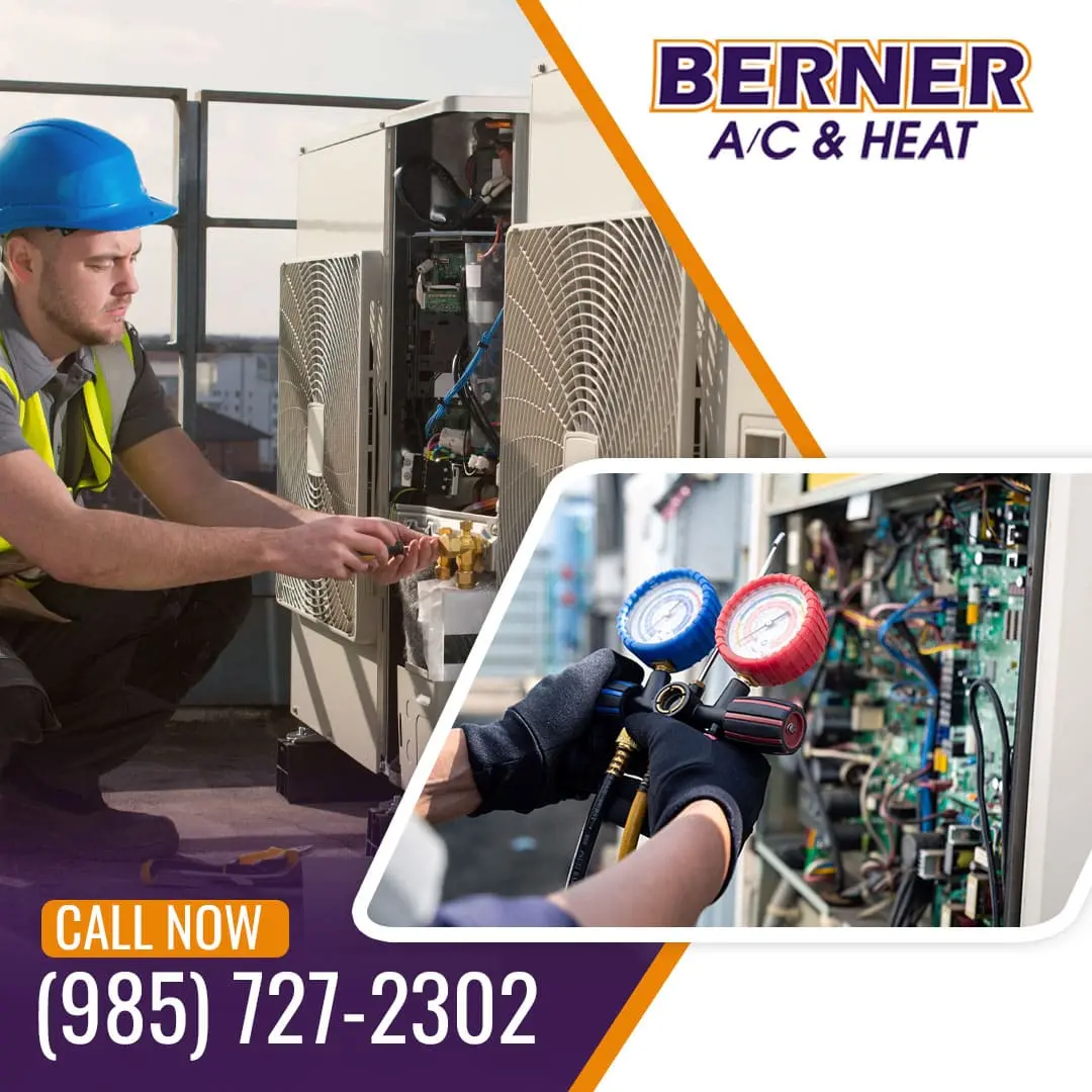 A Berner A/C & Heat technician wearing a blue hardhat performing maintenance on an outdoor HVAC system, featuring an inset of hands using manifold gauges. Call 985-727-2302 for service.