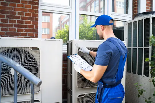 HVAC technician checking air conditioning system for efficiency and performance