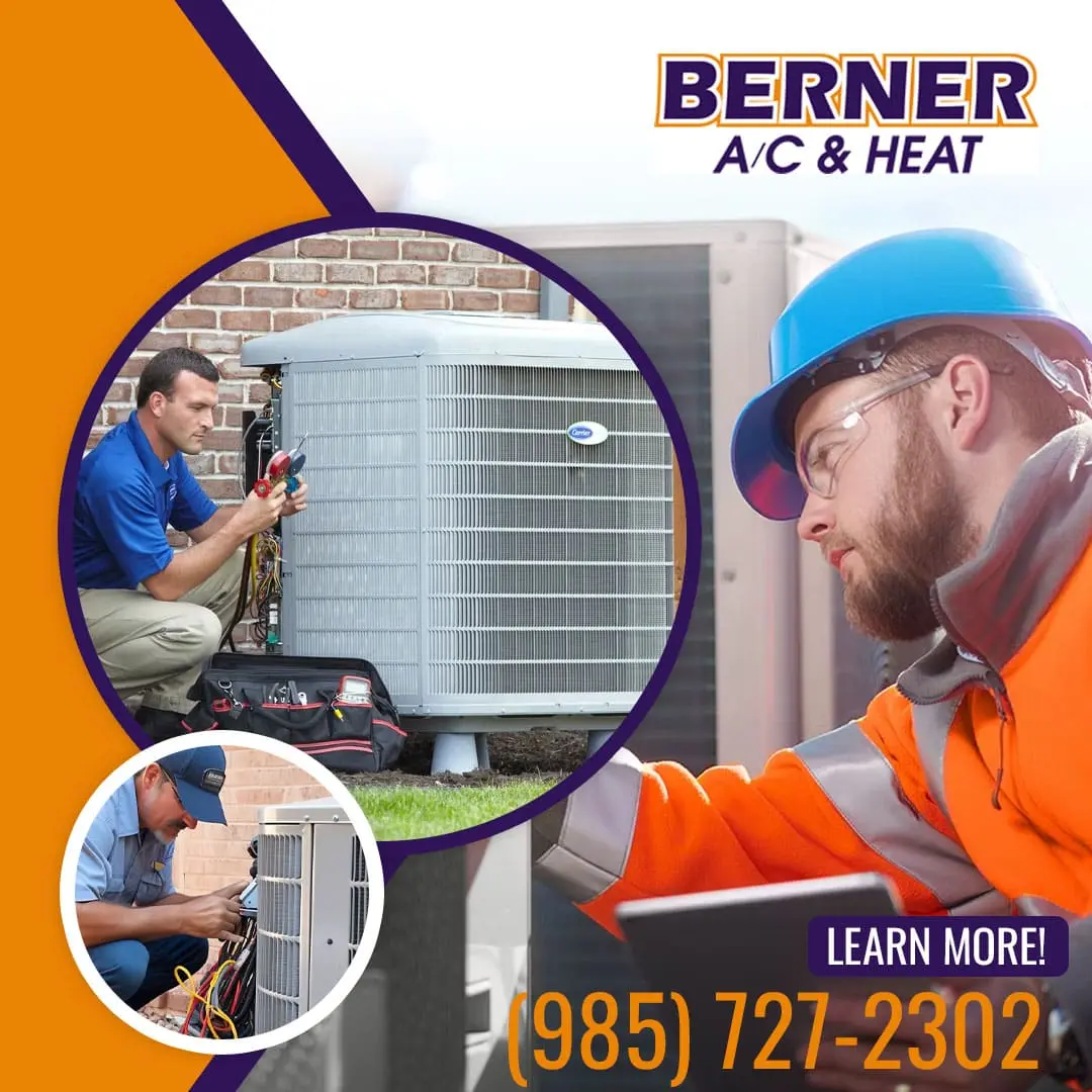A collage of three Berner A/C & Heat technicians performing professional air conditioning repairs, system diagnostics, and maintenance on various HVAC units. Call 985-727-2302 to learn more.