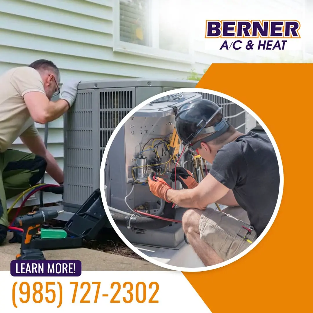 Professional HVAC technician from Berner A/C & Heat testing the electrical components of an outdoor residential air conditioning unit using a multimeter. Call 985-727-2302 to learn more.