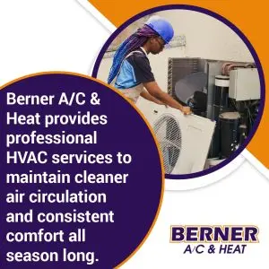 HVAC technician servicing an outdoor air conditioning unit for improved airflow and home comfort by Berner A/C & Heat