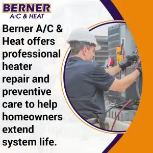 A professional technician from Berner A/C & Heat wearing a hard hat and gloves, performing maintenance on an outdoor HVAC unit with diagnostic tools.