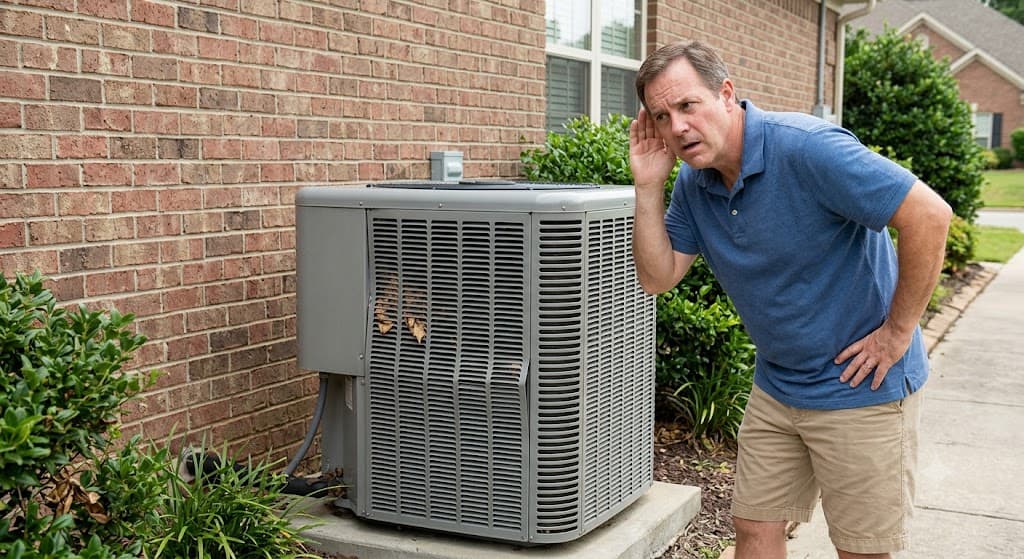 A concerned homeowner leans in to listen closely to strange noises coming from his outdoor air conditioning unit, indicating the need for professional AC repair in Mandeville, LA.