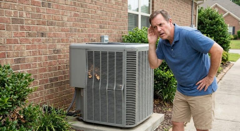 A concerned homeowner leans in to listen closely to strange noises coming from his outdoor air conditioning unit, indicating the need for professional AC repair in Mandeville, LA.