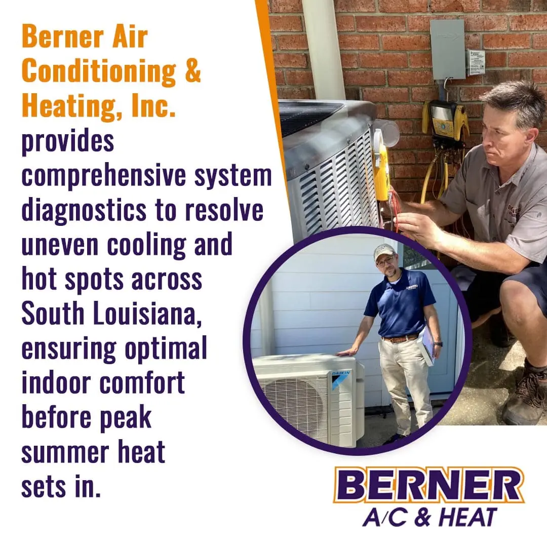 A Berner Air Conditioning & Heating technician performing electrical diagnostics on an outdoor AC unit. Text highlights their comprehensive system diagnostics to resolve uneven cooling and hot spots across South Louisiana for optimal indoor comfort.