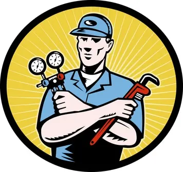 repairman serviceman holding ac manifold gauge wrench
