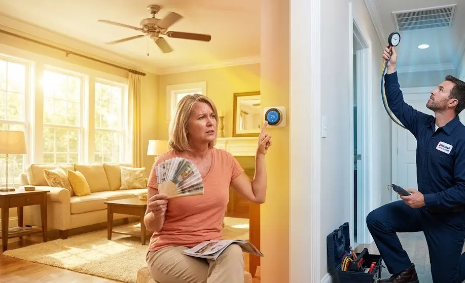 A Berner A/C & Heat technician providing HVAC services in Mandeville, LA, inspecting airflow to fix an AC hot spot while a frustrated homeowner sits in a warm, uncooled room.
