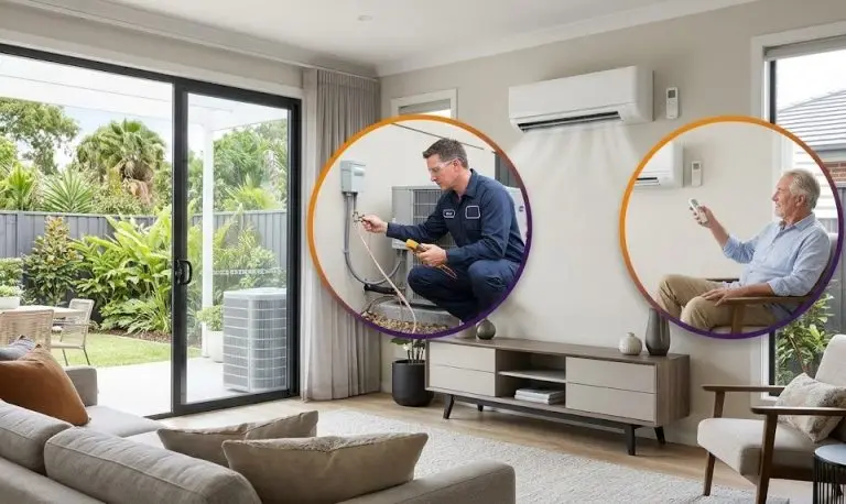 Graphic showing a modern living room with a wall-mounted indoor air handler, featuring two circular inset graphics: one of an HVAC technician installing an outdoor condenser unit, and another of a homeowner comfortably using a remote control.