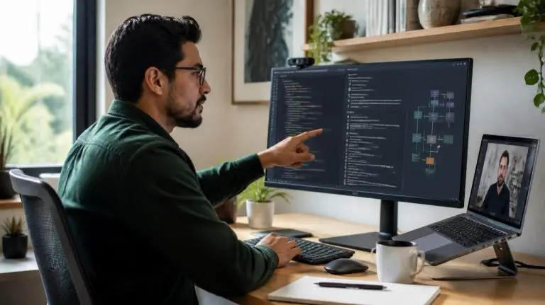 Nearshore AI engineer reviewing AI-generated code and a system diagram during a video call