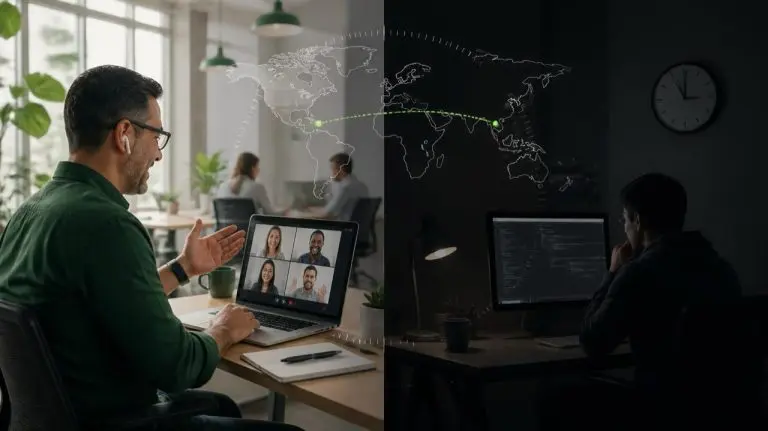 Nearshore vs offshore hiring: an engineer on a daytime video call with a US team beside a developer working late at night in a distant time zone