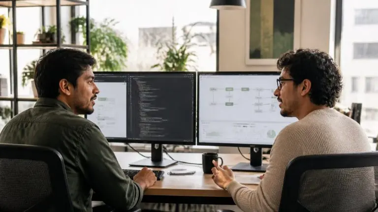 AI engineer and full stack engineer comparing an app codebase with an AI agent workflow diagram