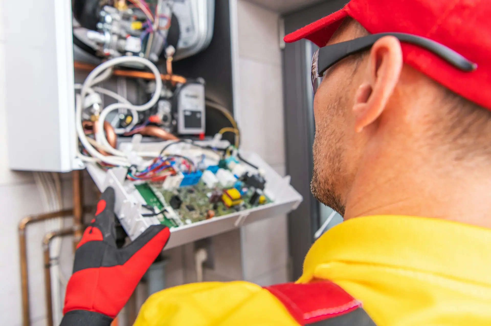Technician in red cap and gloves inspecting HVAC system with exposed wires and components.