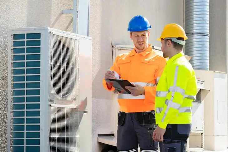 Two workers in safety gear discussing HVAC unit with clipboard in hand.