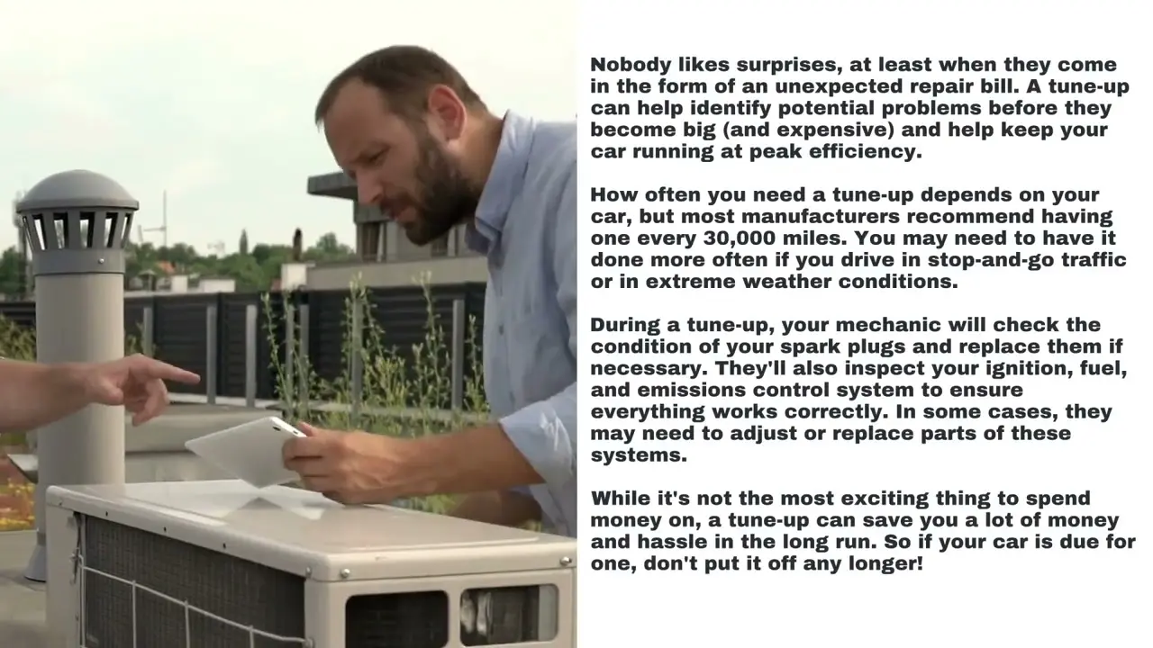 Technician checking an HVAC unit on a rooftop while holding a tablet, with cityscape background.