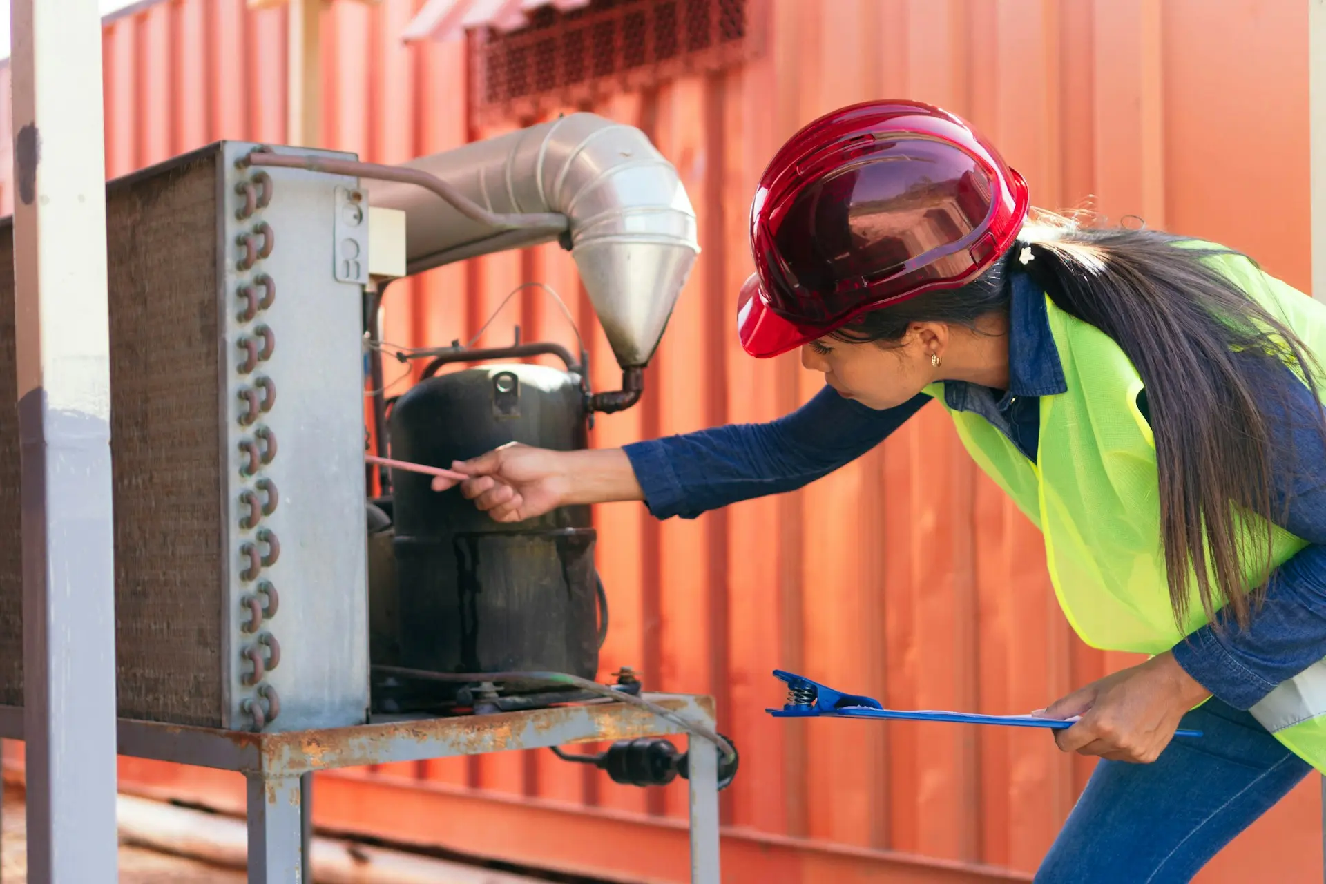 Technician in a hard hat and safety vest inspecting HVAC equipment outdoors.