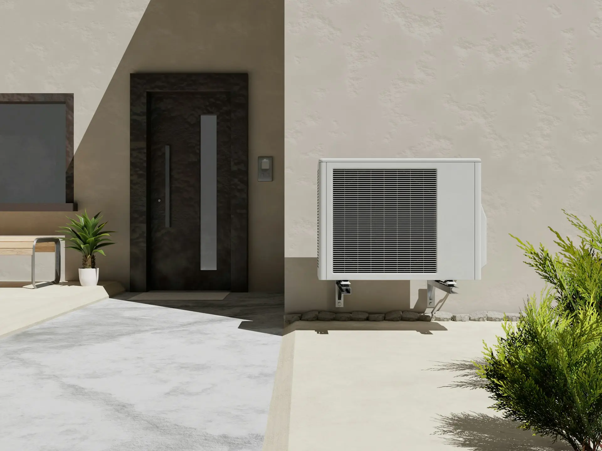 Outdoor air conditioning unit mounted on a beige wall near a black door, with plants and a pathway in the foreground.