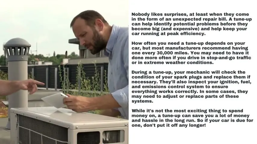 Technician checking an HVAC unit on a rooftop while holding a tablet, with cityscape background.