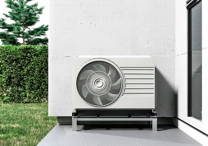 Outdoor air conditioning unit mounted on a metal stand beside a white wall, with green bushes and trees in the background.