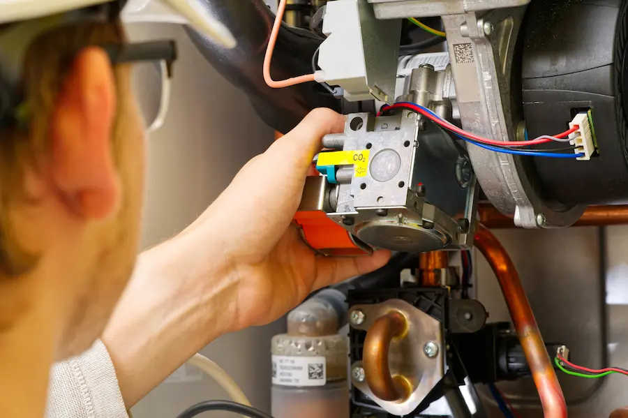 Man inspecting a furnace's electrical components