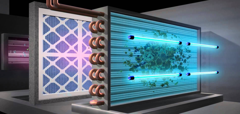 Air conditioning unit diagram showing filtration and UV purification process with visible light and coil tubes.