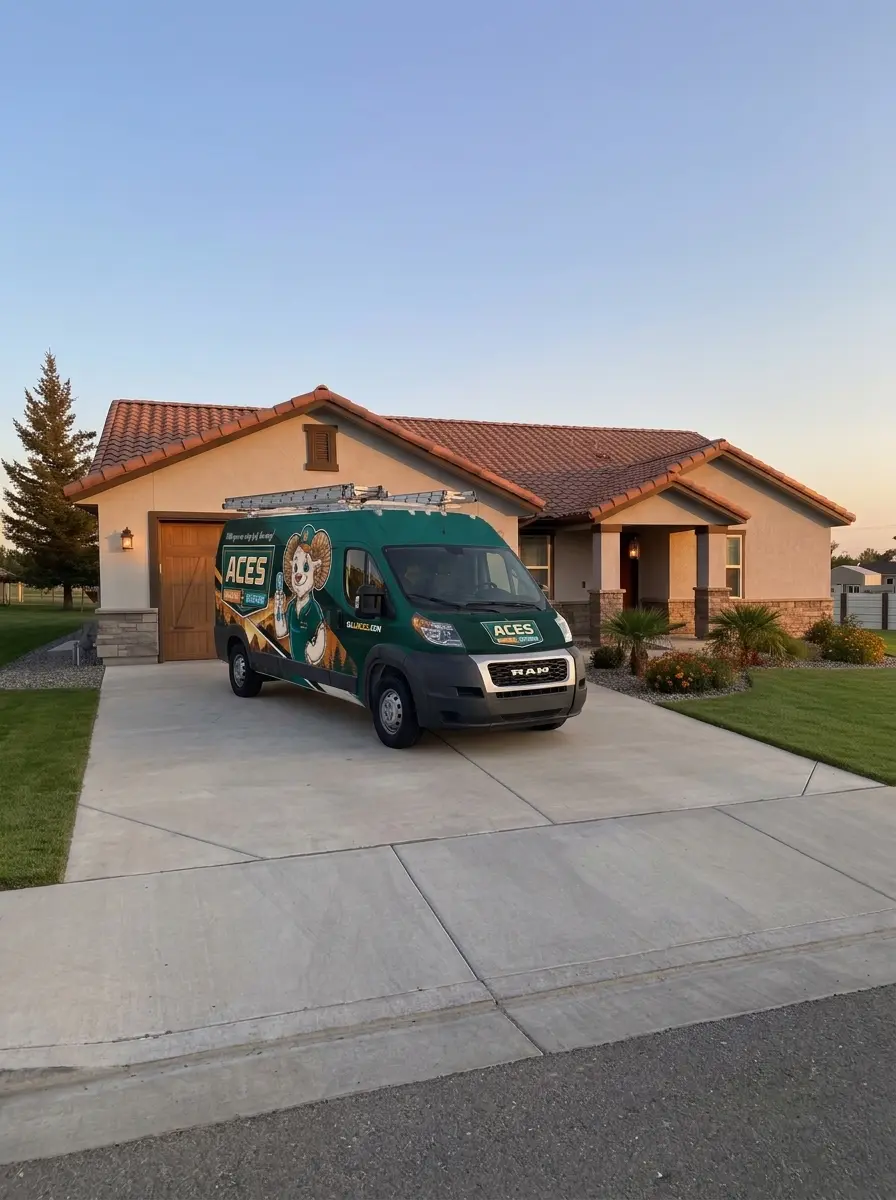 Green ACES service van parked in the driveway of a suburban house at sunset.