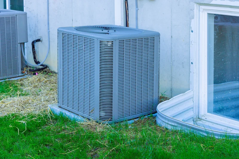 Outdoor air conditioning unit next to a house with a basement window and green grass.