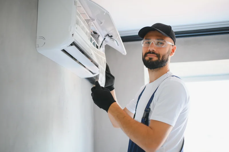 Technician in cap and gloves servicing a wall-mounted air conditioning unit indoors.